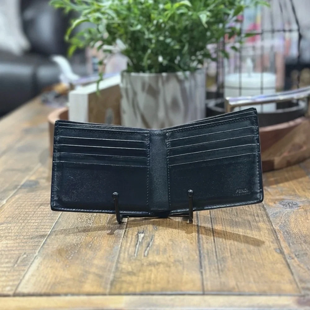 Authentic Fendi Bag Bugs Monster Eyes Black Leather Bifold Wallet with Box